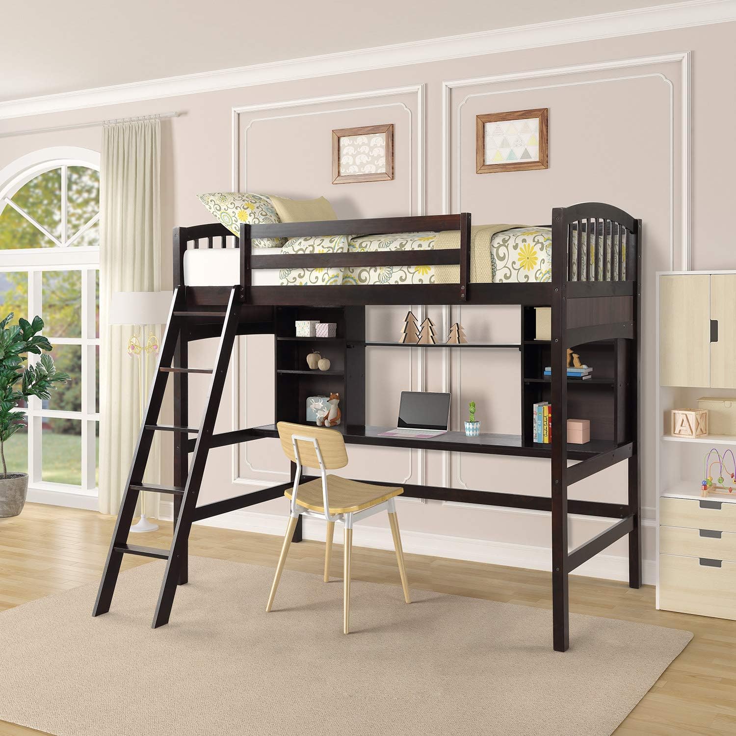 Loft Bed with Desk High Loft Wood Bed with Desk Guard Rail and Ladder, Solid Pine Wood Loft Bed Study Loft Bed Frame with Angled Ladder, Environmental and Natural Finish for Kids and Teens (Espresso)