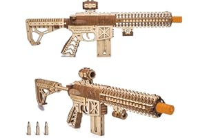 Wood Trick Assault Gun AR-T Model Kit for Adults and Teens to Build - with Telescoping Butt, Fuse, Sight and Clip for 12 Rounds - Detailed Construction - 23x8″ - 3D Wooden Puzzle - 14+