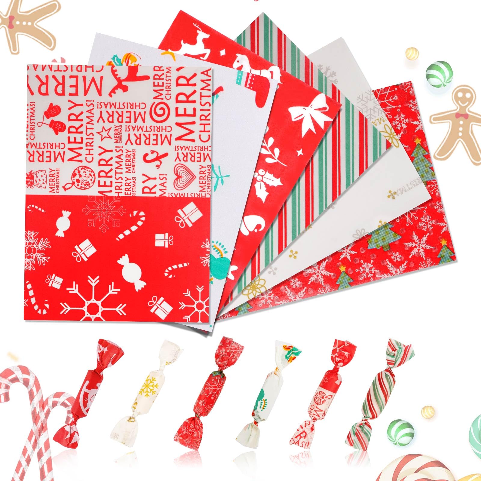 YBB 600 Pcs Christmas Candy Wrappers for Caramel, Greaseproof Candy Wax Twisting Papers Wrappers for Christmas Party Goodies Candy Chocolate Sweets