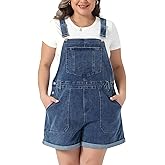 Agnes Orinda Plus Size Denim Overall Shorts for Women Adjustable Straps Roll Hem 5 Pocket Jean Jumpsuit Bib Shortalls