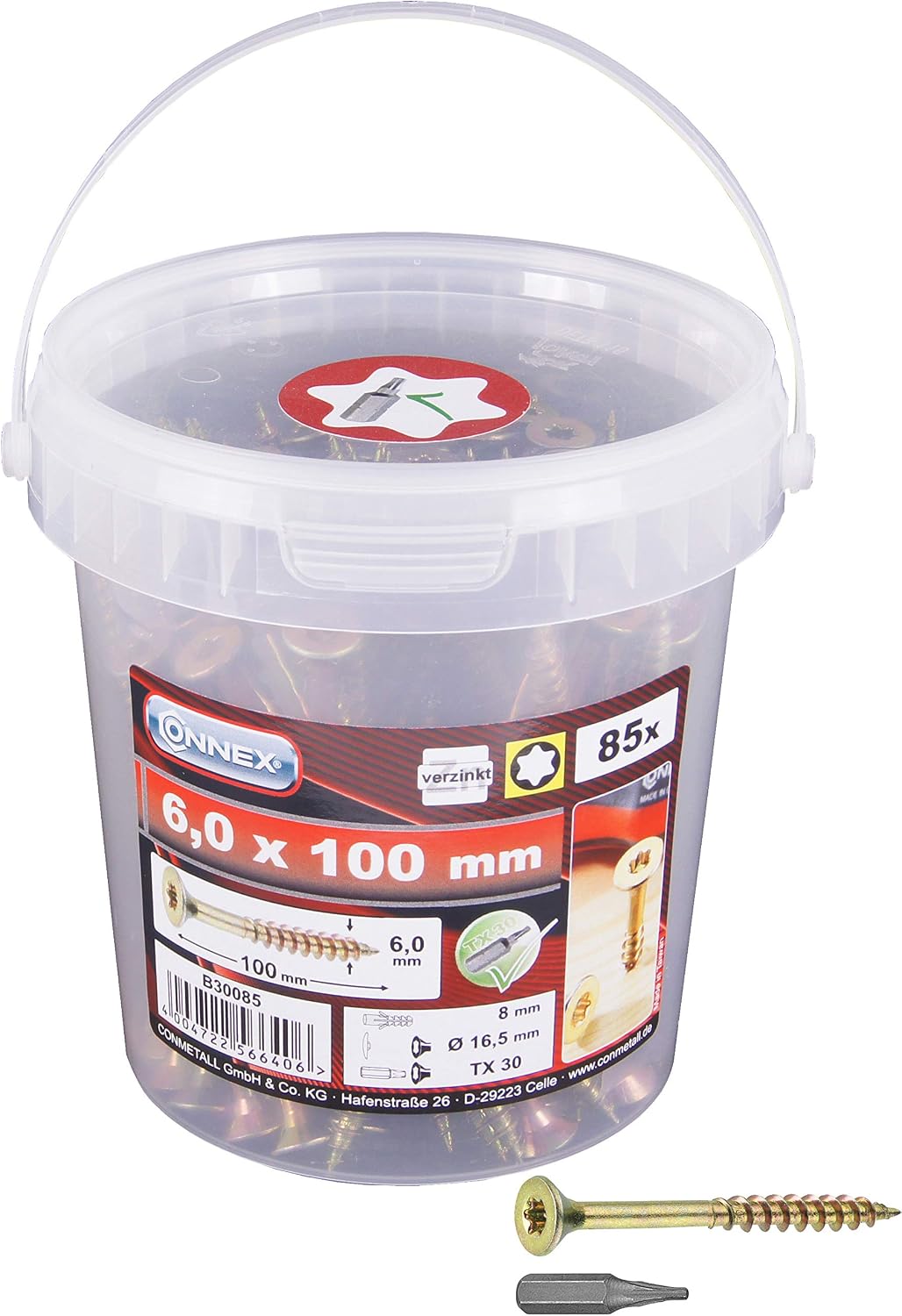 CONNEX B30085 TX 6 x 100mm Uni-Screws Bucket (85 Pieces), Gold, 6,0 x 100 mm (85 Stück)