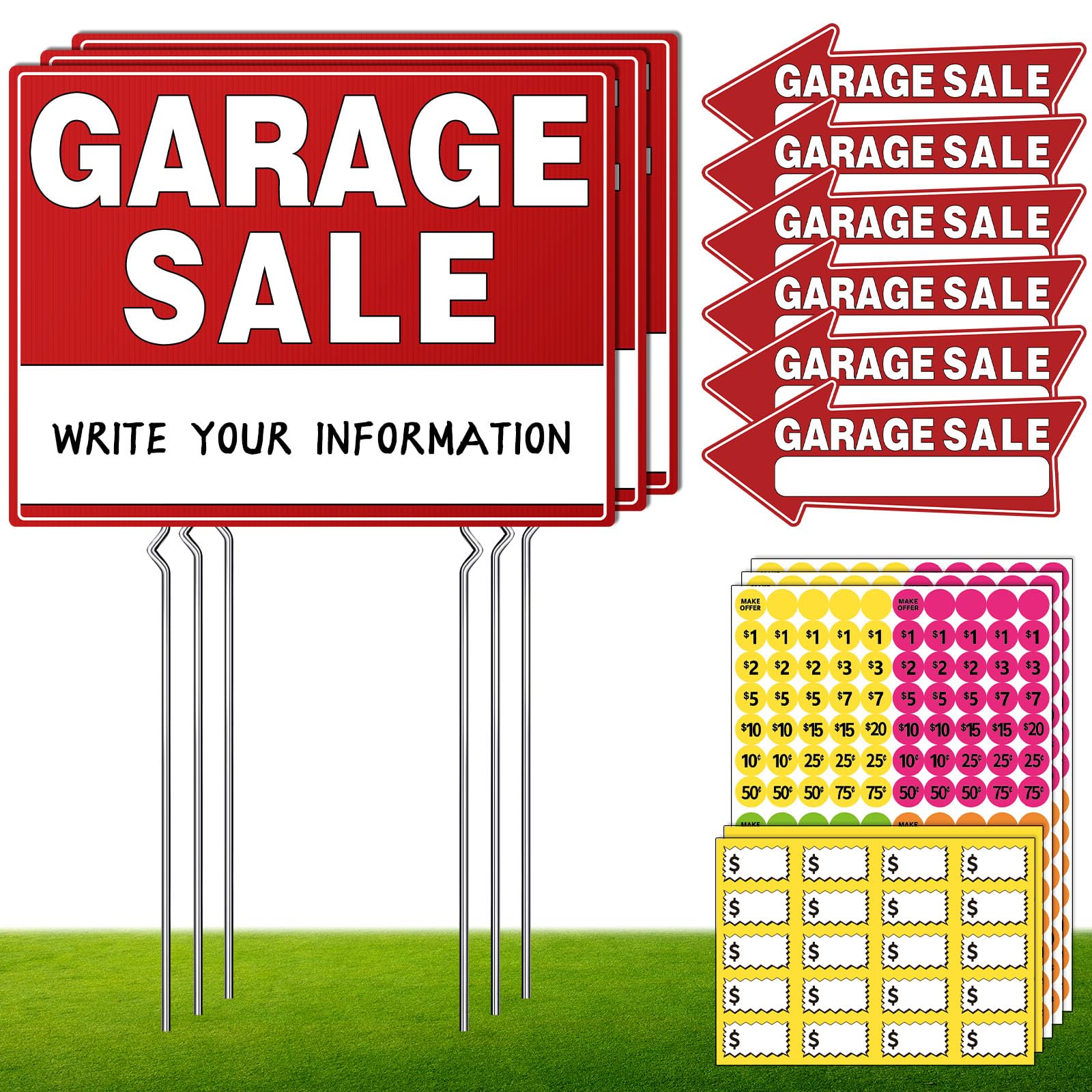 Photo 1 of 14Pcs Garage Sale Signs,17" x 13",Garage Sale Arrows Yard Sign Double Sided with Metal Stake, Sale Pricing Stickers,Directional Arrows & Fluorescent Neon Stickers, Yard Sale Supplies