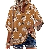WIHOLL Women Blouses Boho Tops 3/4 Length Bell Sleeve Dressy Casual Spring Plus Size Easter Clothes 2026 Summer Outfits Womens Fashion Clothing Multi Coffee 2XL