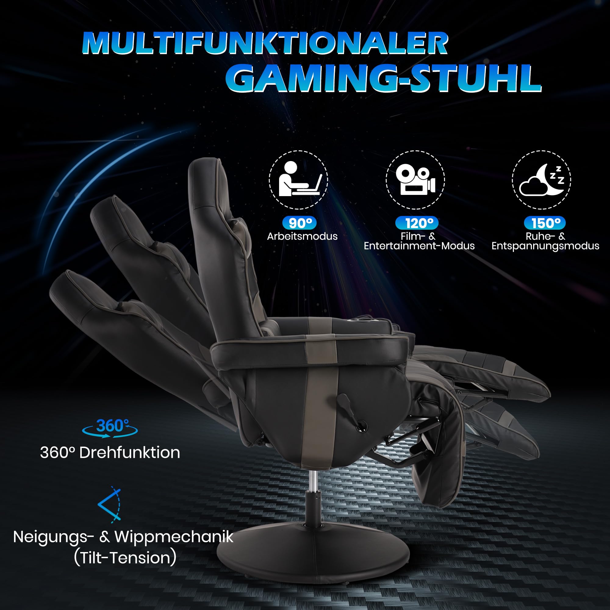 PALLOME Gaming Stuhl mit Massagefunktion, Höhenverstellbarer Gaming Chair mit Ausziehbarer Fußstütze & Getränkehalter, Ergonomischer Bürostuhl mit Kopfstütze, Drehbarer Racing Gamer Chair (Grau) 5