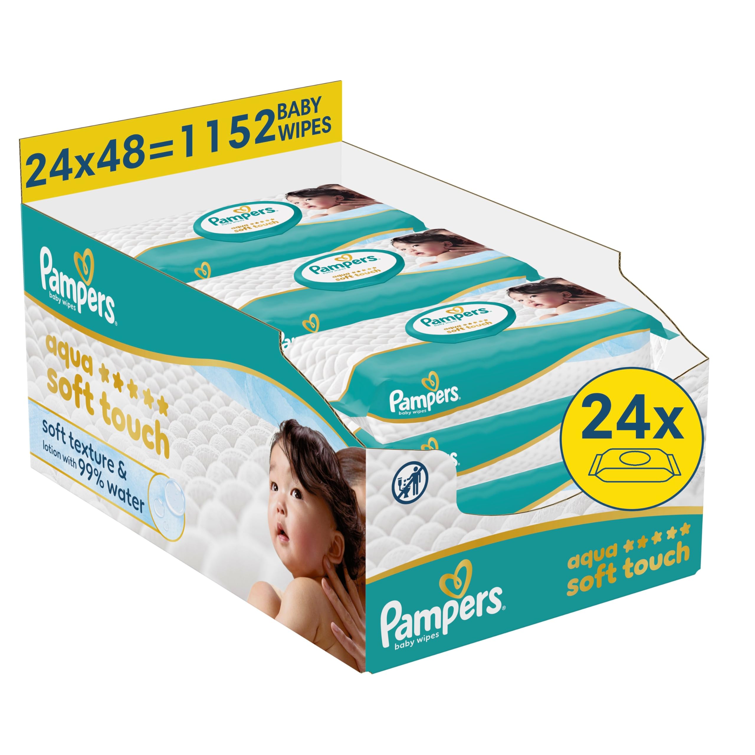 Pampers Aqua Soft Touch Baby-Feuchttücher, 24 Packungen mit 48 Feuchttüchern - 1152 Baby-Feuchttücher, weiche Textur und Lotion mit 99 Prozent Wasser