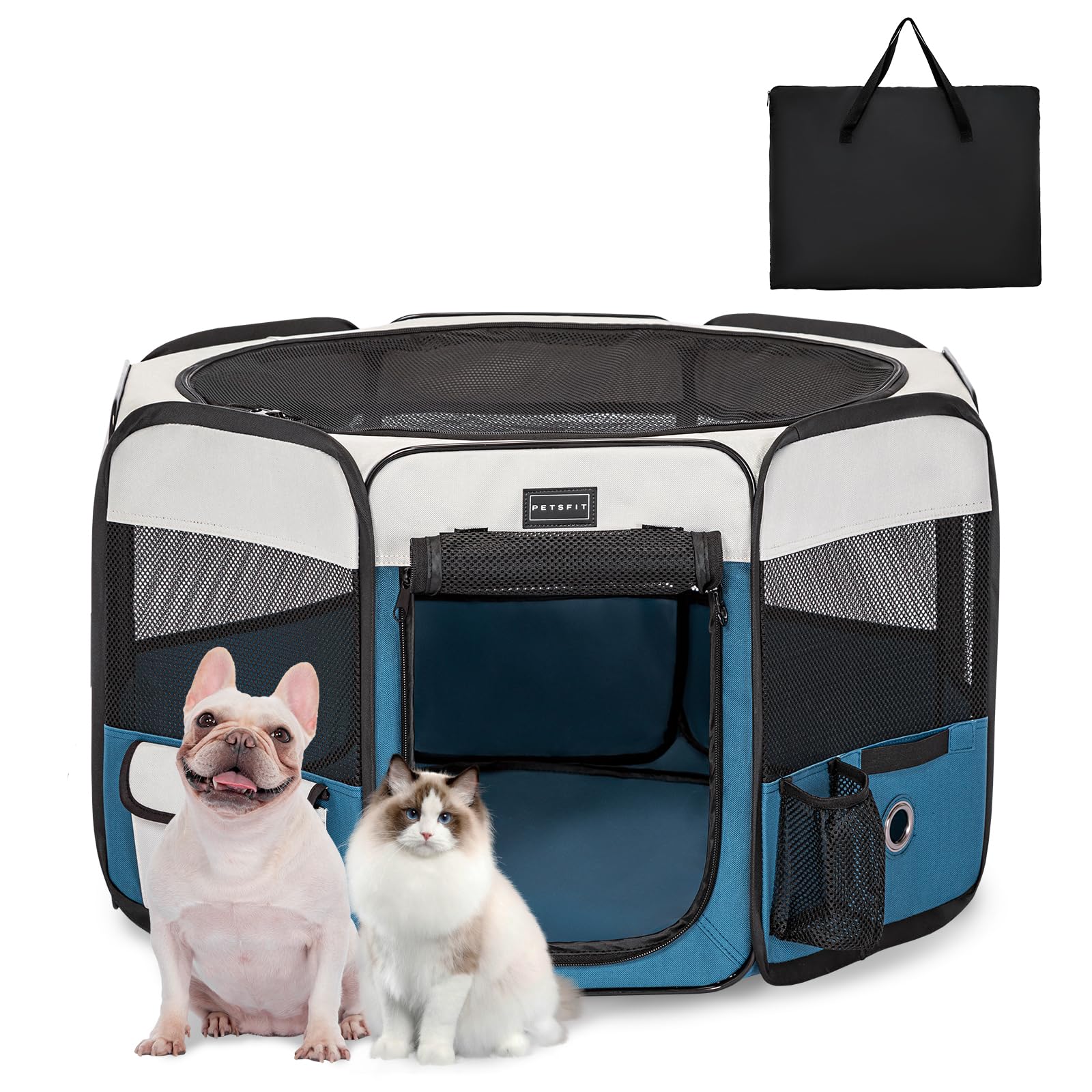 PETSFIT Cat Playpen, Anti-Leakage Bottom, Foldable, Collapsible Dog Play Pen, Chewproof Design, Dog Pen Indoor, 75 × 68 × 43 cm, Blue