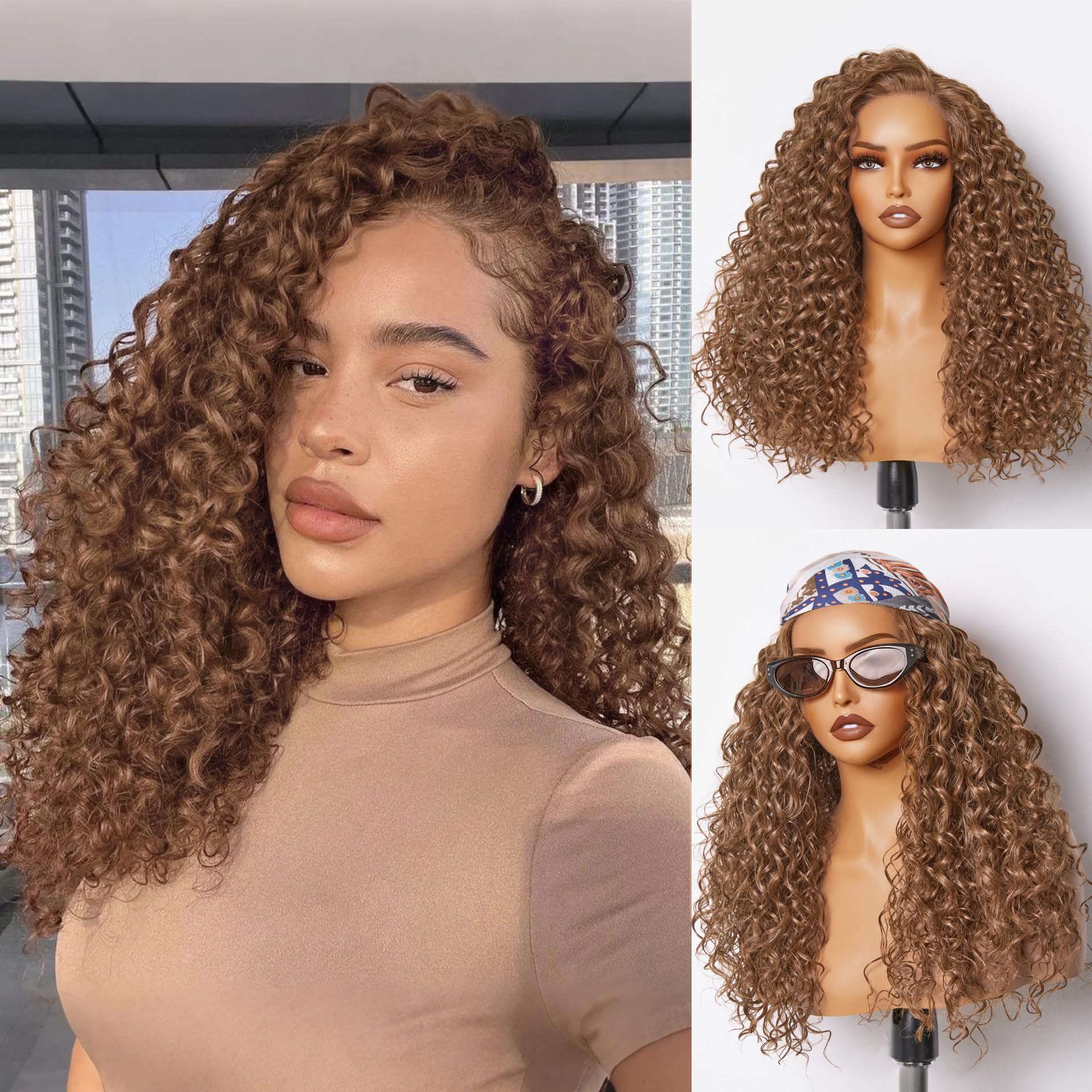 Photo 1 of GORGIUS Glueless Water Wave Lace Front Wigs Brown Synthetic Curly Wig Pre Cut Pre Plucked Side Parted Hairline 20 Inch