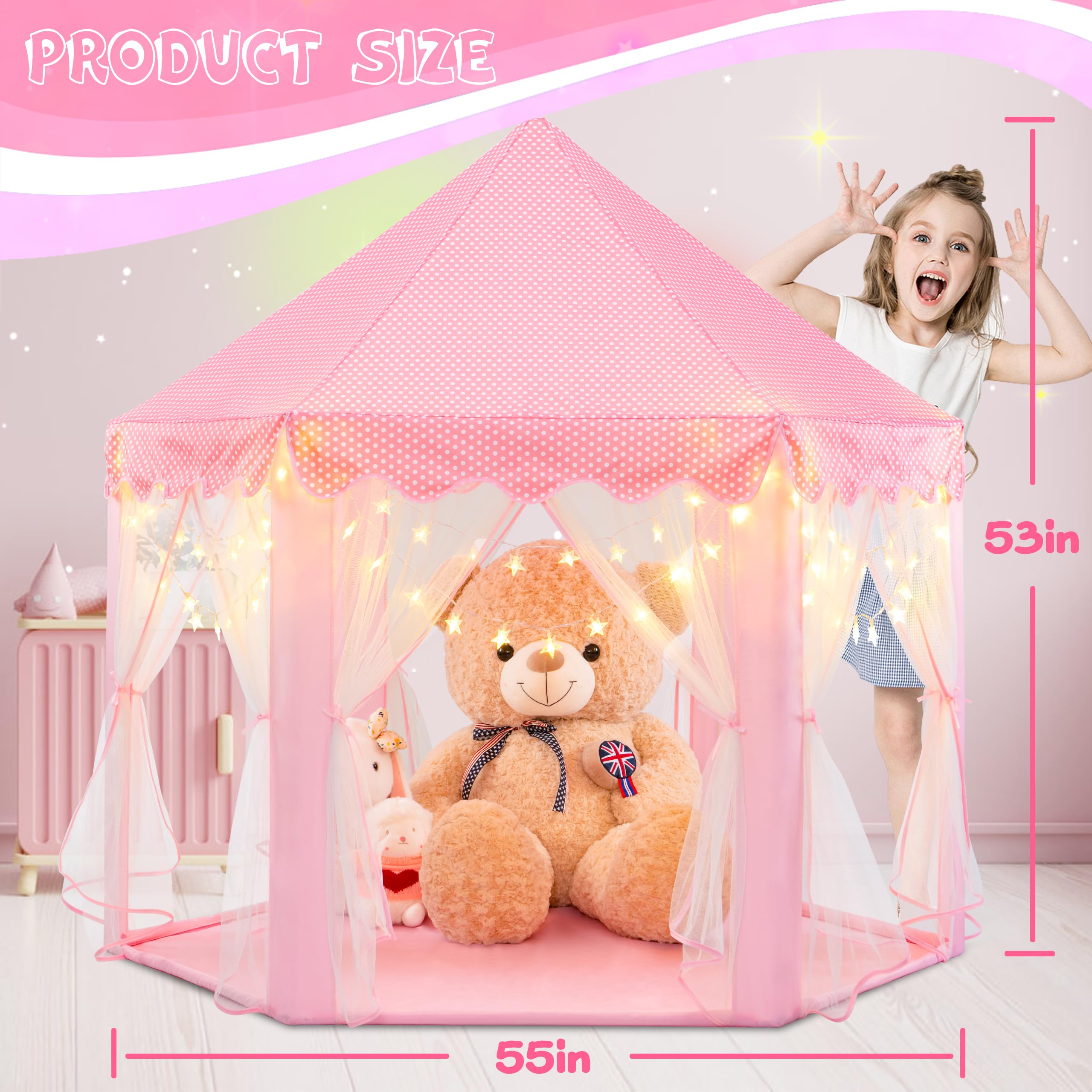 EVOIONOS Princess Tent for Girls, Kids Play Tent with LED Star Lights, Castle Playhouse for Children Indoor Outdoor Games, 55X53 inches, Pink