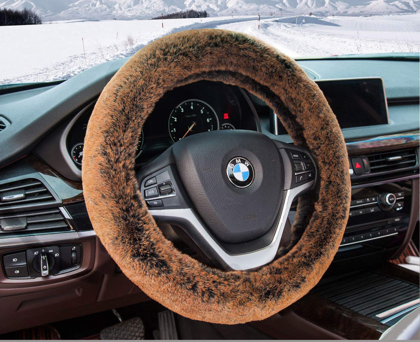 Steering Wheel Cover Winter Warm Faux Wool with Non Slip Rubber Inner Ring Universal 15 Inch for Auto Car SUV (Long Plush, Brown)