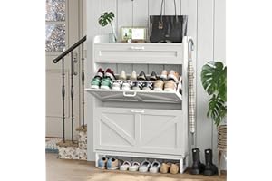 CollaredEagle Shoe Cabinet, Shoe Storage Cabinet for Entryway, Free Standing Shoe Storage Organizer with Rattan Doors for Heels, Boots, White
