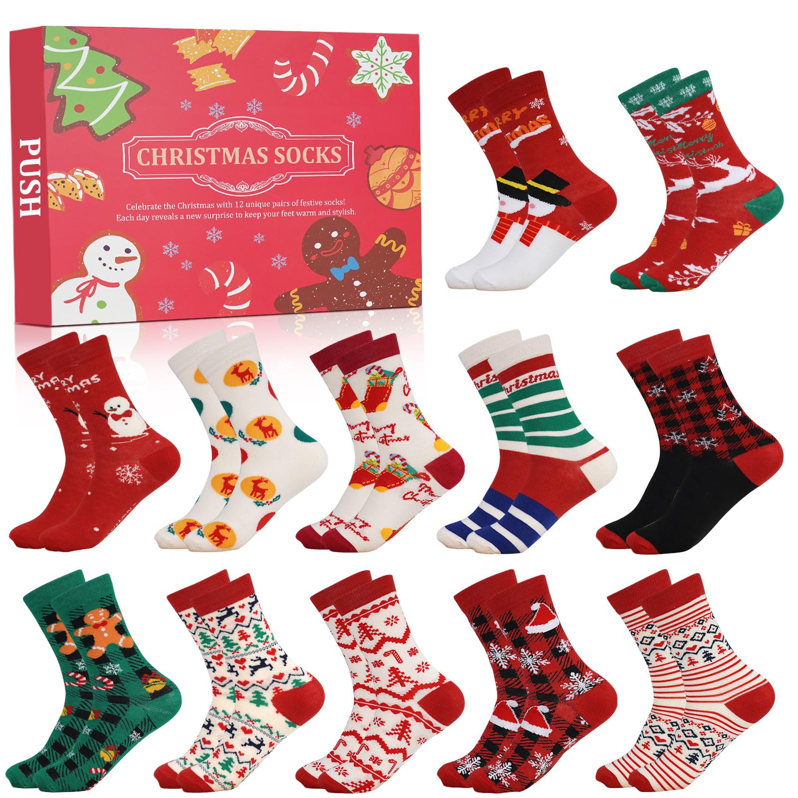 ANOTION 2025 Christmas Advent Calendar - 12 Days of Warm Socks for Women, Holiday Countdown Calendar Gifts, 12 Pairs With Christmas Tree, Elk, Snowman Patterns