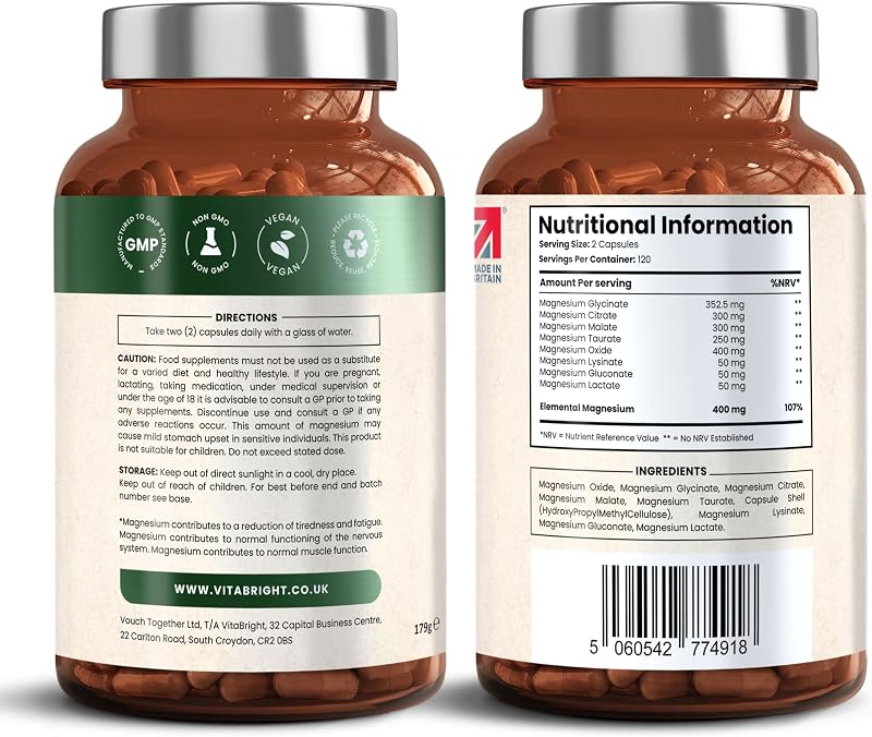 Magnesio Completo 8-in-1 | 400 mg Alta Dose | 240 Capsule Vegane | Magnesio Bisglicinato, Citrato, Malato, Taurato | Integratore per Muscoli ed Energia | 4 Mesi Fornitura | VitaBright