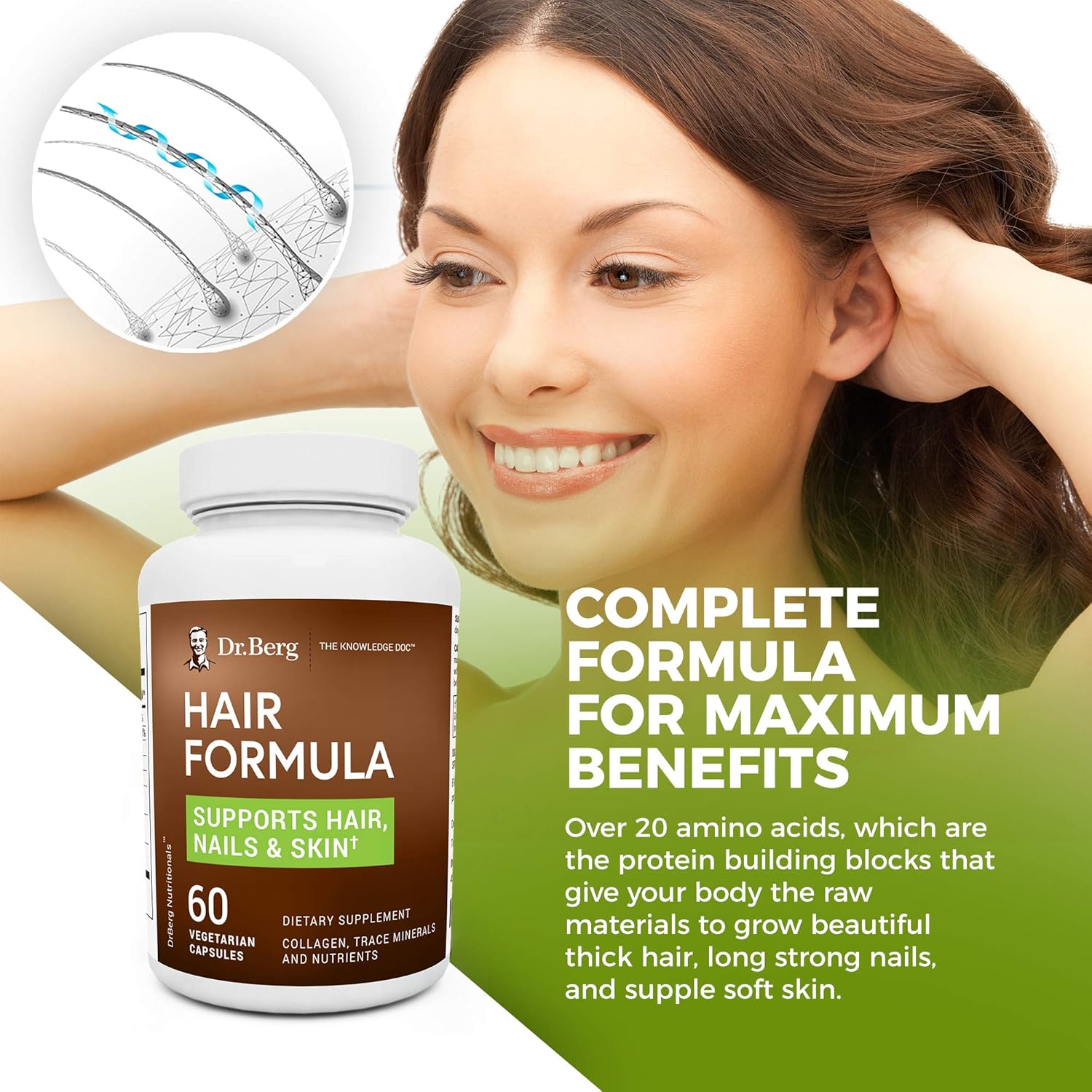 Dr. Berg’s Hair Formula Supplement Due to Normal Aging Supports Healthy Nails & Skin - DHT Blocker with Biotin, Collagen Type I&II, Trace Minerals, Whole Food Vitamin C and Bs for Women and Men: Health & Personal Care