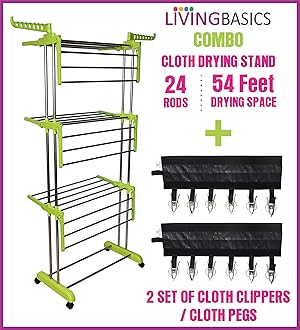 LIVINGBASICS 2 Icon Clips with 3 Layer Clothes Stand for Drying/Cloth Drying Stand/Cloth Stand for Drying Clothes Foldable/Cloth Drying Stand for Balcony/Stainless Steel Dryer Rack (Lime Green)