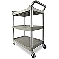 Rubbermaid Commercial Products Heavy Duty 3-Shelf Rolling Service/Utility/Push Cart, 200 lbs. Capacity, Platinum, for Foodservice/Restaurant/Cleaning/Warehouse/Garage