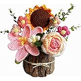 LOEVEN Crochet Flowers, Sunflower Tulip Rose in Wooden Basket, Crochet Flower Bouquet, Carnation, Preserved Flower, Handmade Knitted Bouquet for Mother Birthday Home Decor Girlfriend (Pink)