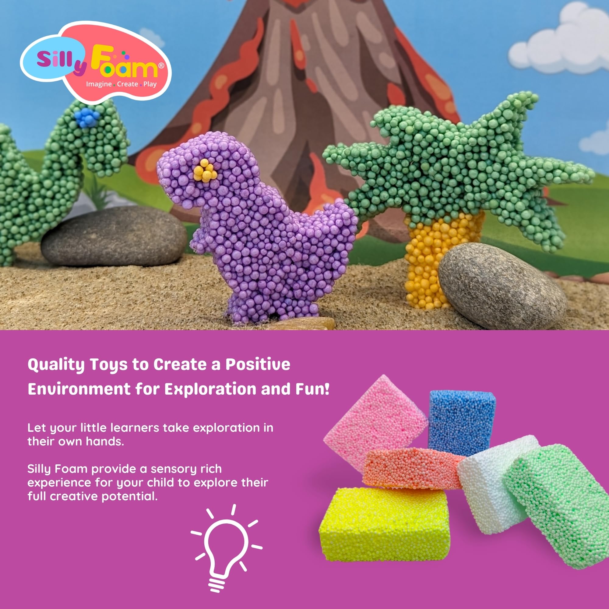 Silly Foam, Creative Modeling Foam Beads, 1-Pack of 6 Primary Color Blocks, No-Slime No-Mess, Perfect for Preschool and Kids, Arts & Crafts, Sensory Play, STEM, Travel Toy, Non-Toxic (Age 3+)