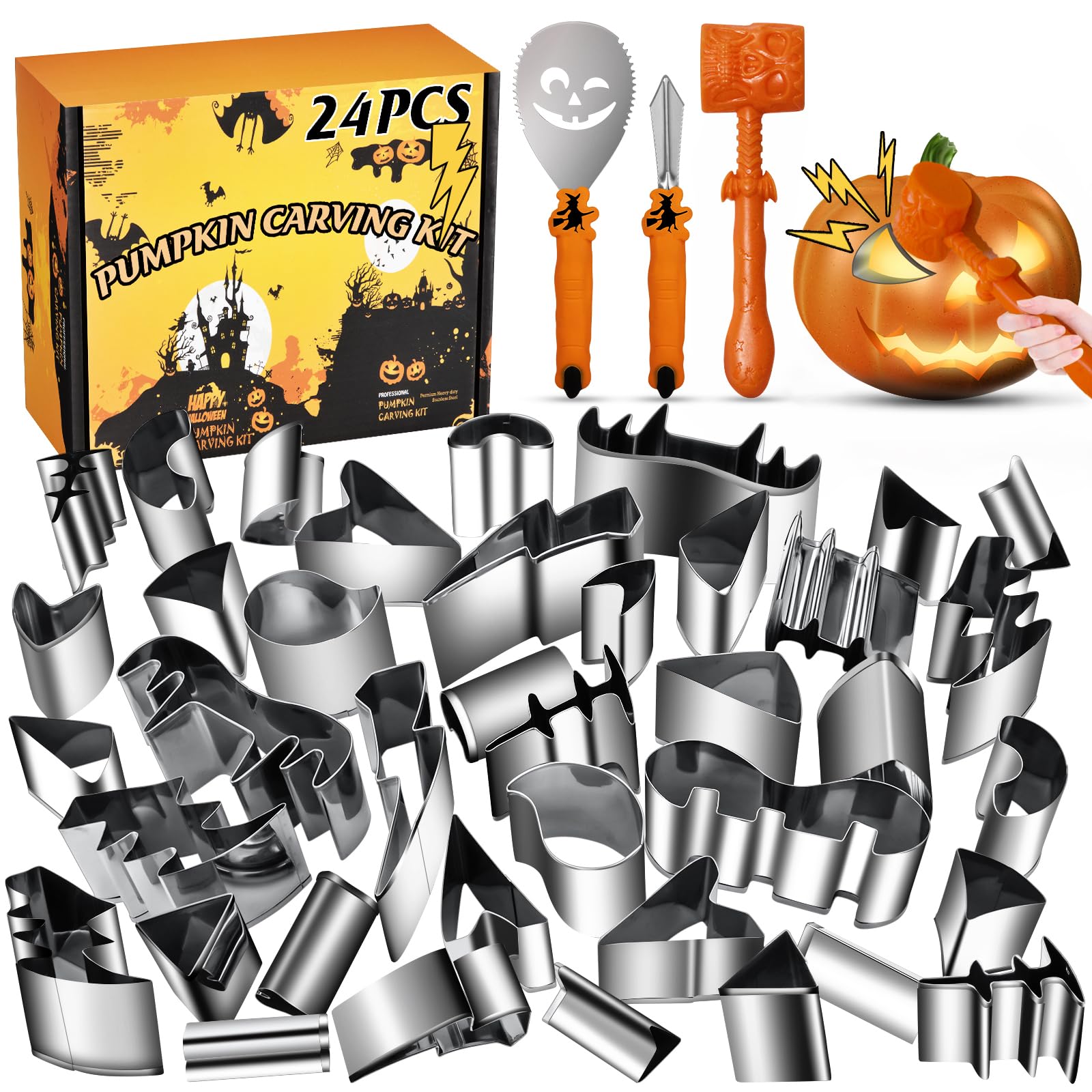 Photo 1 of ?With Hammer?Pumpkin Carving Kit Halloween, Safe and Easy Pumpkin Carving Set for Kids, DIY Stainless Steel Pumpkin Carving Tools for Halloween Decoration Jack-O-Lanterns, Gift for Halloween
