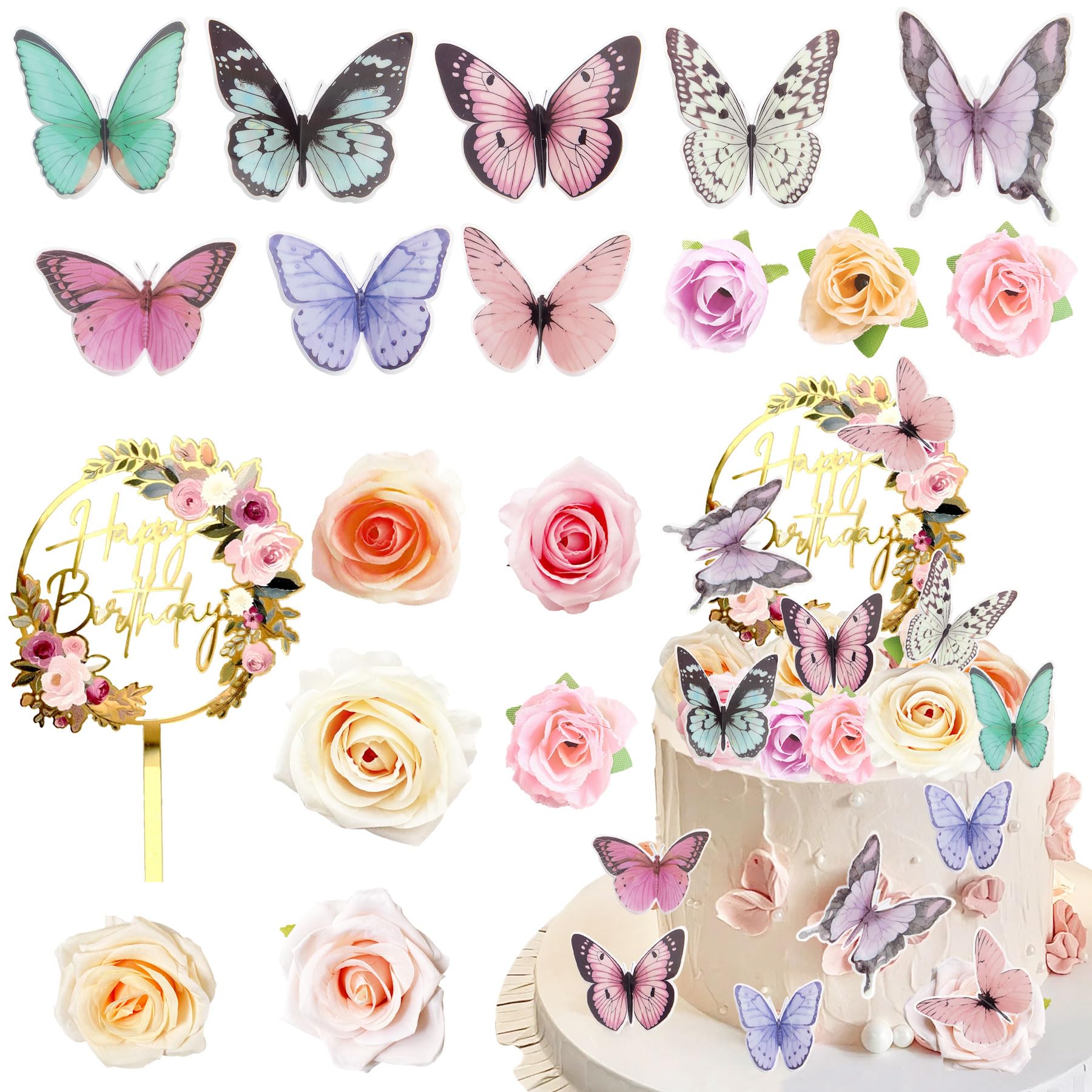 Photo 1 of Knana 28PCS Butterfly Cake Topper Flower Butterfly Cake Decorations Flower Butterflies Theme Birthday Decor for Baby Shower Birthday Party