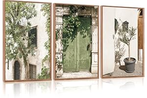CHDITB Vintage Italy City Landscape Framed Canvas Wall Art Set, Mediterranean Door Wall Decor, Olive Green Cityscape Painting