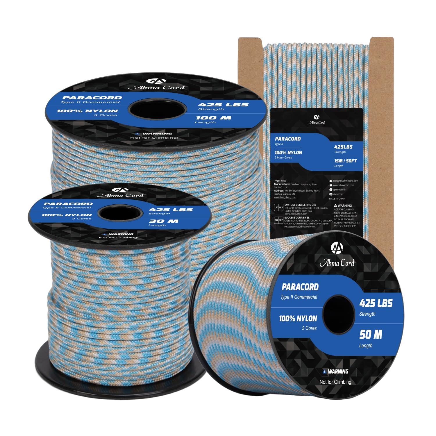 Abma Cord Paracord 3mm 50m 100% Nylon Rope Type II 3 Strands Parachute Cord - Max. 192kg (425lbs) - Carolina Beach