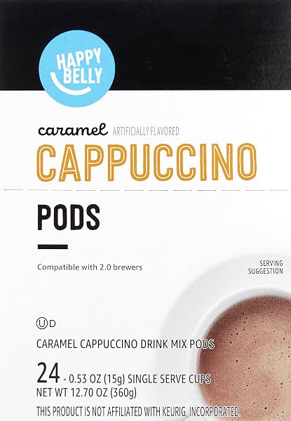 AMAZON BRAND – HAPPY BELLY CAPPUCCINO COFFEE PODS COMPATIBLE WITH K CUP BREWERS, LIGHT ROAST, CARAMEL FLAVORED, 24 COUNT, 12.72 OUNCE (PACK OF 1)