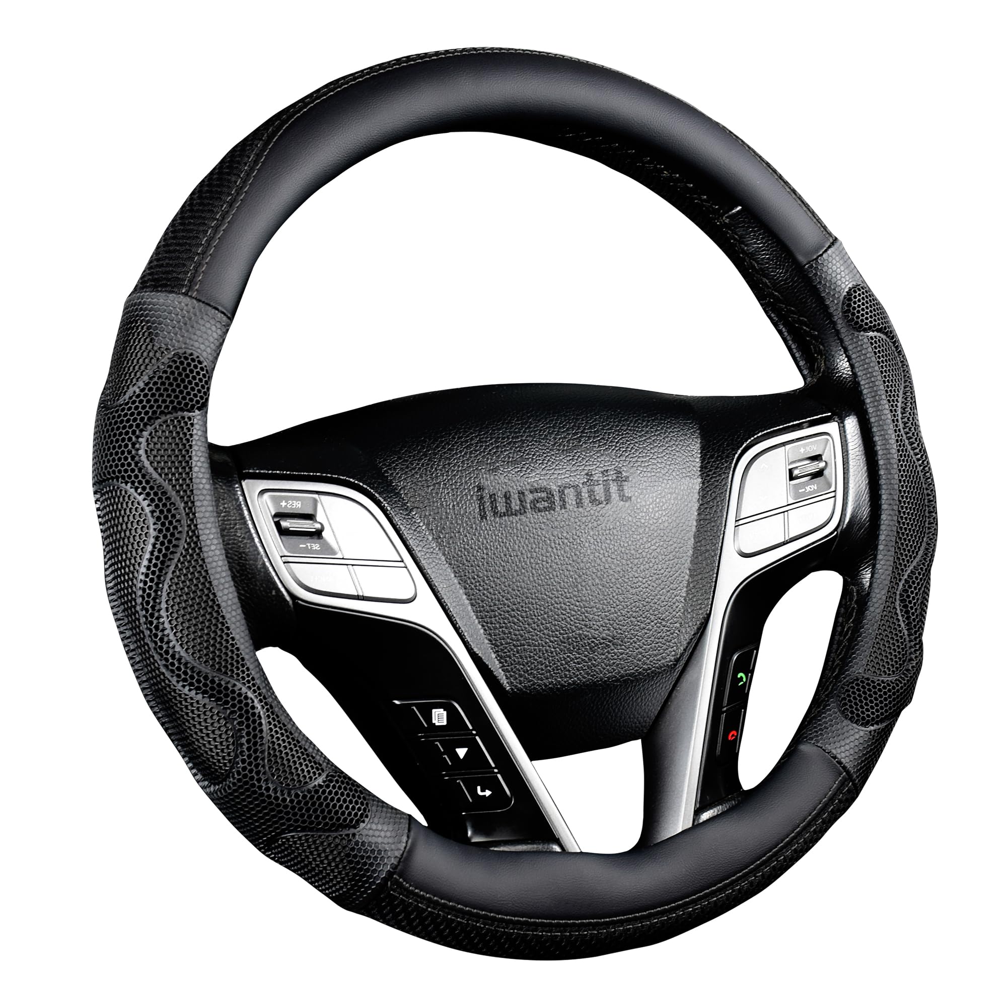Photo 1 of Iwantit® Car Steering Wheel Covers with 3D Silicone Honeycomb Anti-Slip Design and Breathable Fabrics, Universal Fit 14.5-15 Inches (Full Black)