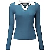 Hobemty Women's Fitted Knit Top V Neck Contrast Color Long Sleeve Polo Sweater Tops