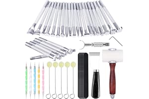 WONVOC Leather Stamping Tools - Leather Carving Tool Kit, Saddle Making Tools Set, Swivel Knife, Leather Working Hammer, Cutting Knife, Wool Daubers, Frosted Strip for Leather Stamping, Carving