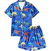 Fiodrimy Boys Pajamas Little Boys Satin PJS Set Short Sleeve Button Down Kids Silky Pajama Lounge Sleepwear Size 4-10