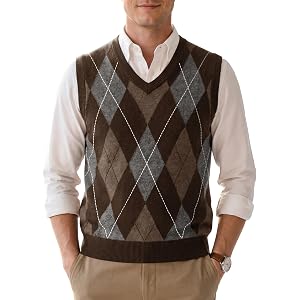 JEAPDQEX Mens Sweater Vests V Neck Wool-Blend Knit Sleeveless Vests | Vneck, cable knit ，Argyle Pattern，Slim Fit, Lightweight
