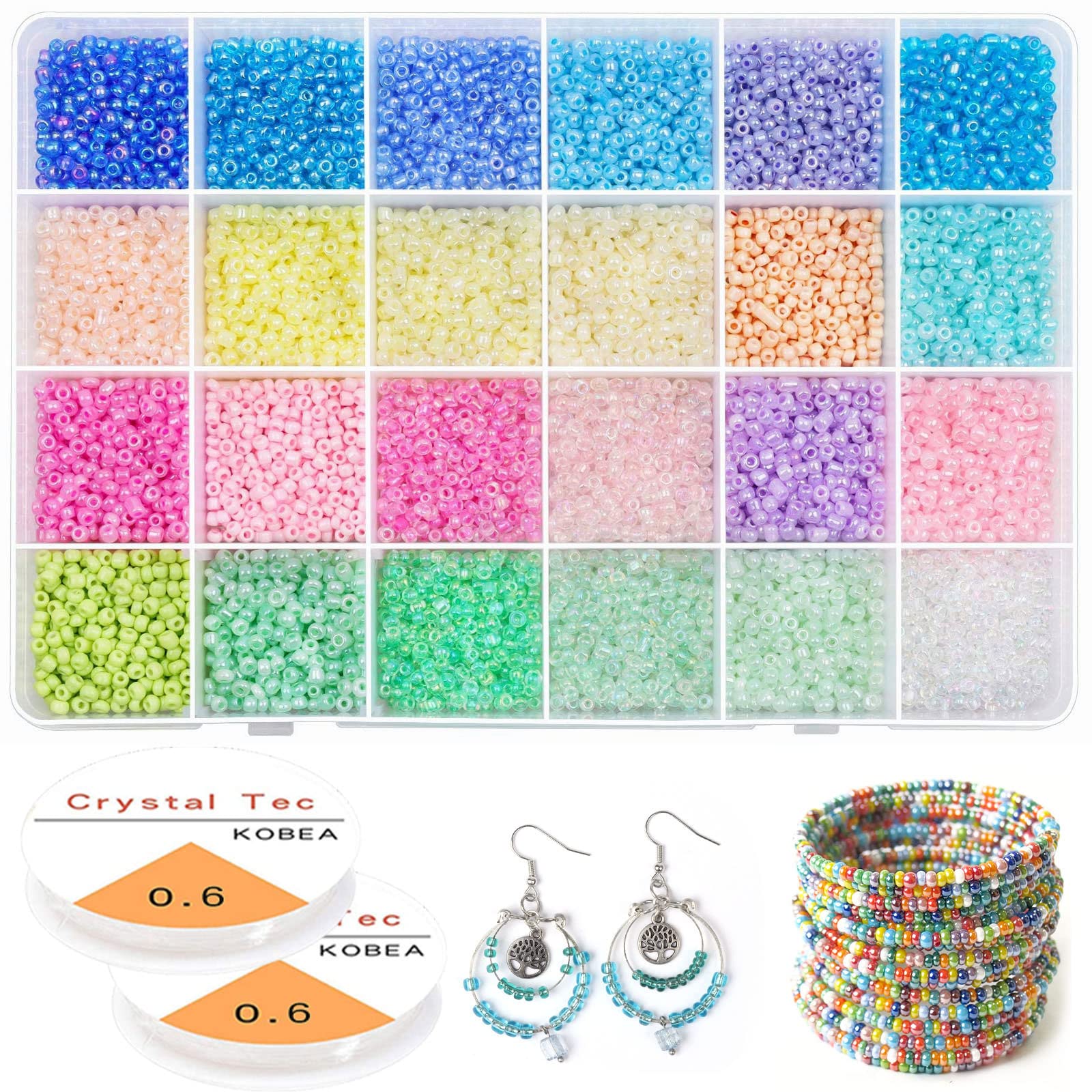 Prettme 9600 Pcs 3mm Glass Seed Beads for Jewellery Making Kit,8/0 Small Pastel Tiny Waist Beads for Bracelet Making Kit and DIY Necklace Earrings Crafts, Gifts, with Elastic String