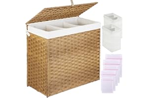 Greenstell Laundry Hamper with Lid, 125L Large 3 Sections Clothes Hamper with 2 Removable Liner Bags & 5 Mesh Laundry Bags, H