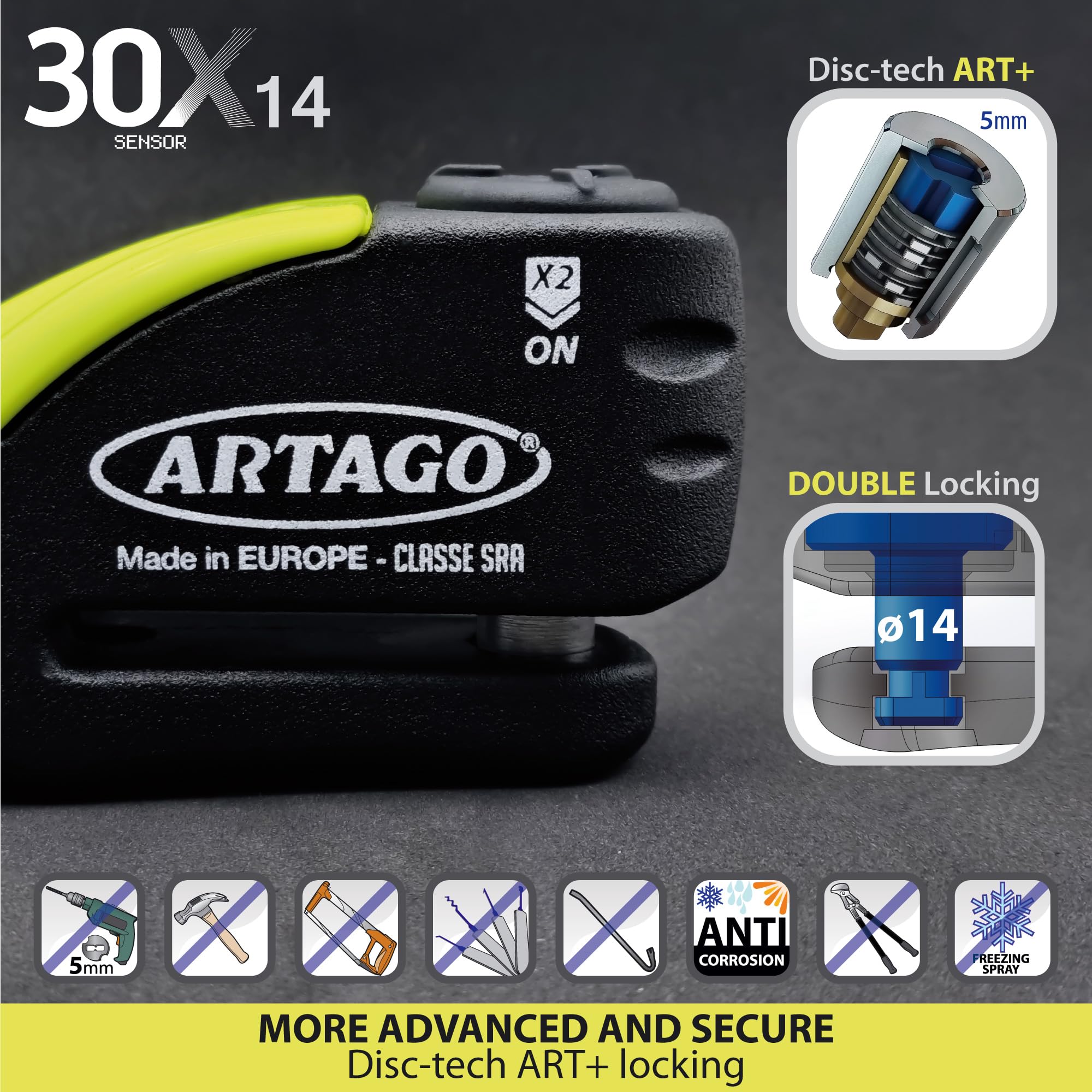 Artago 30X14 High-End Motorcycle Disc Lock with or Without Alarm, Don't Touch System 120dB, Sold Secure & SRA Approved, Disc 5mm Anti-Drill, 14mm Double Locking, Moto Anti Theft Wheel Brake Lock