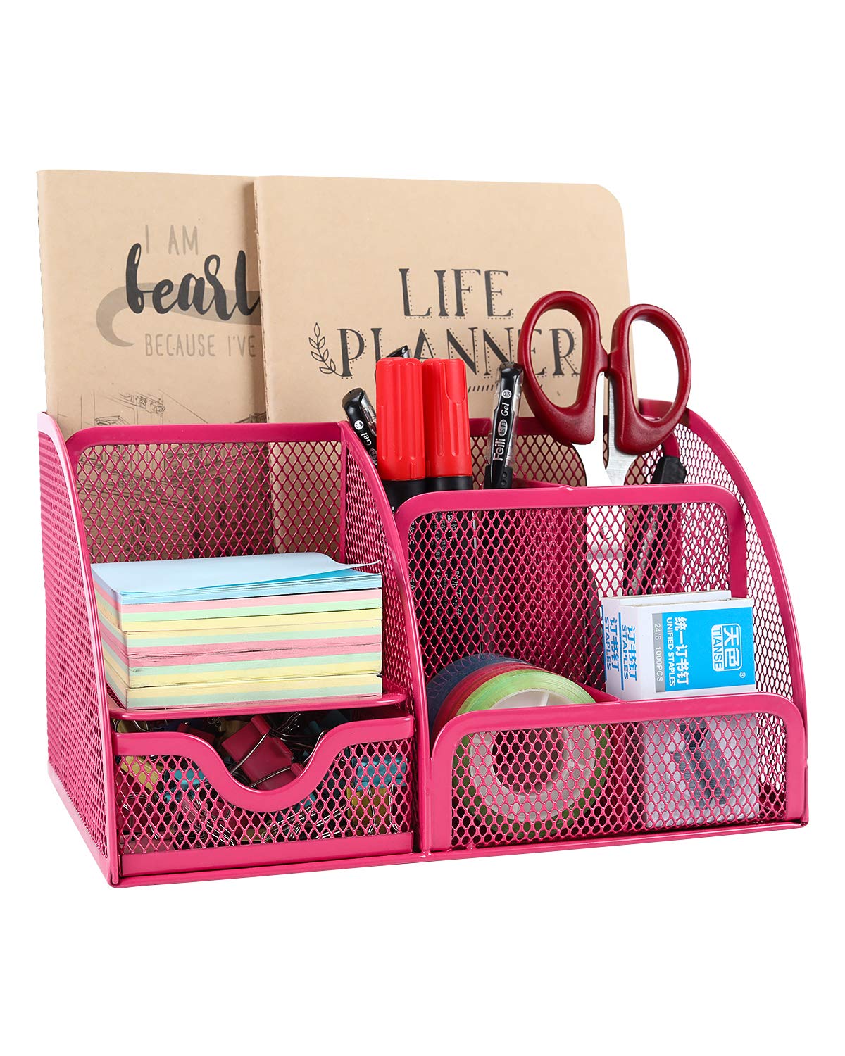 EasyPAG Office Mesh Desk Tidy Versatile Stationery Storage Desktop Organiser Pen Holder with Drawer,Pink