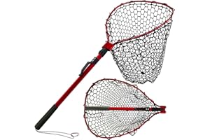 SEASPRO Foldable Rubber Fishing Net with Handle 37“ 47” Red Blue Telescoping Fish Net - Adjustable Length Lightweigh Collapsible Extendable Fishing Net