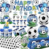 Soccer Birthday Party Decorations,200pcs Soccer Party Decorations Plates and Napkins Cups Tablecloth Cake Topper Honeycomb Balloon for Soccer Party Supplies,Serve 24