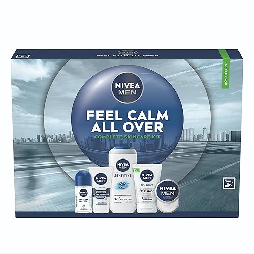 NIVEA MEN Feel Calm All Over Skincare Gift Set (5 Products) - Men Gift Set for Sensitive Skin - Includes Shower Gel, Face Wash, Face Moisturiser, Creme, and Anti-Perspirant