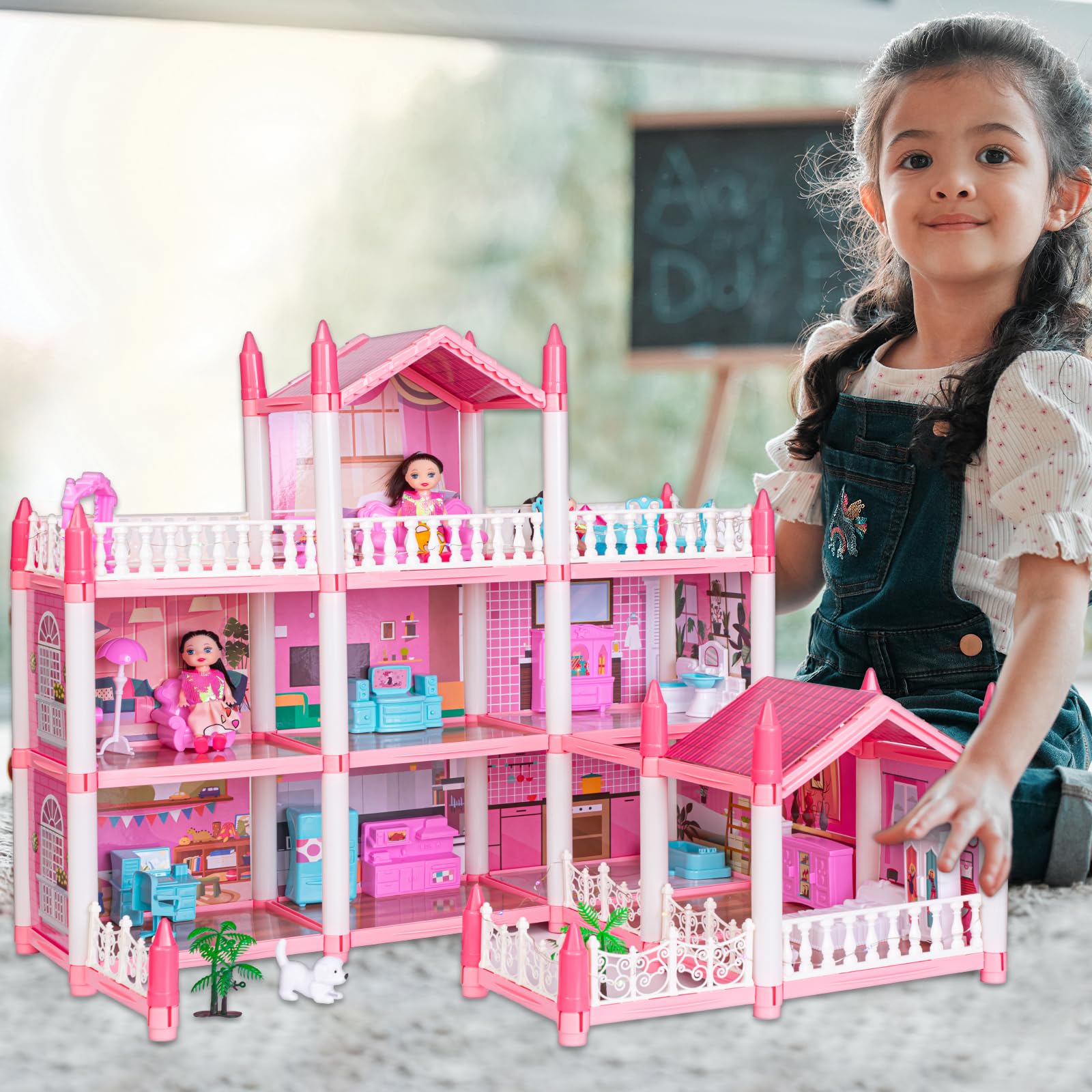 EVERGD Kid Doll House Pink Grand 3/4 Story 9/11 Rooms Castle Dolls House Playset with Furniture Accessories Mansion Playhouse Toy Xmas (3 Story)