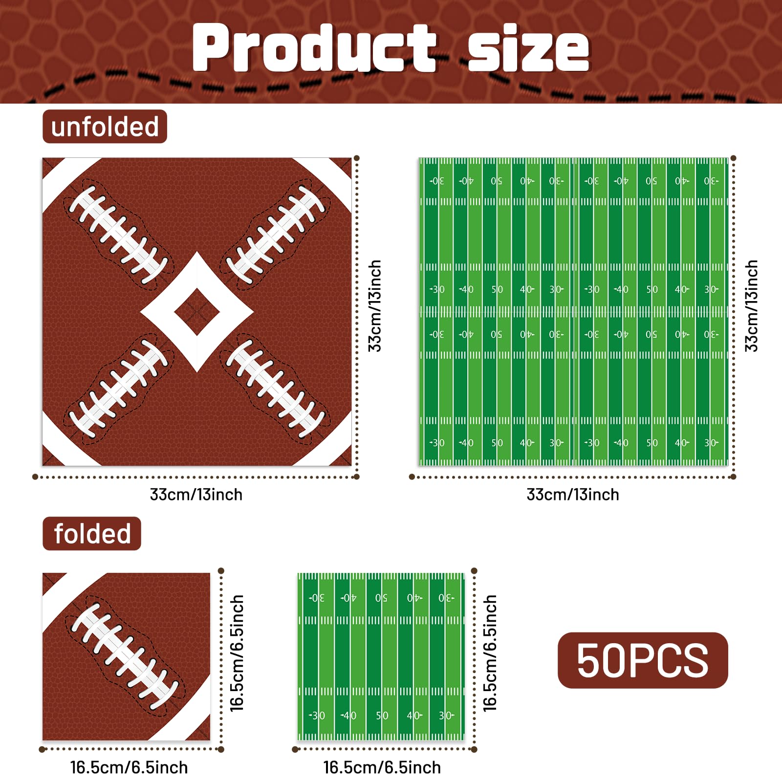 Pack of 50, Football Paper Napkins, 25 Brown Football and 25 Green Field Design Disposable Cocktail Napkins for Sports Football Game Events Supplies Birthday Party Decorations, 13x13 Inches Unfolded