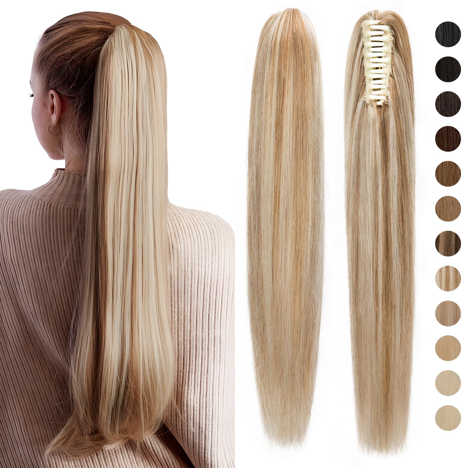 Silk-co Claw on Ponytail Extension Straight Pony Tail Real Remy Human Hair Clip in Hair Extensions 18inch #12P613 Golden Brown&Bleach Blonde — image 1