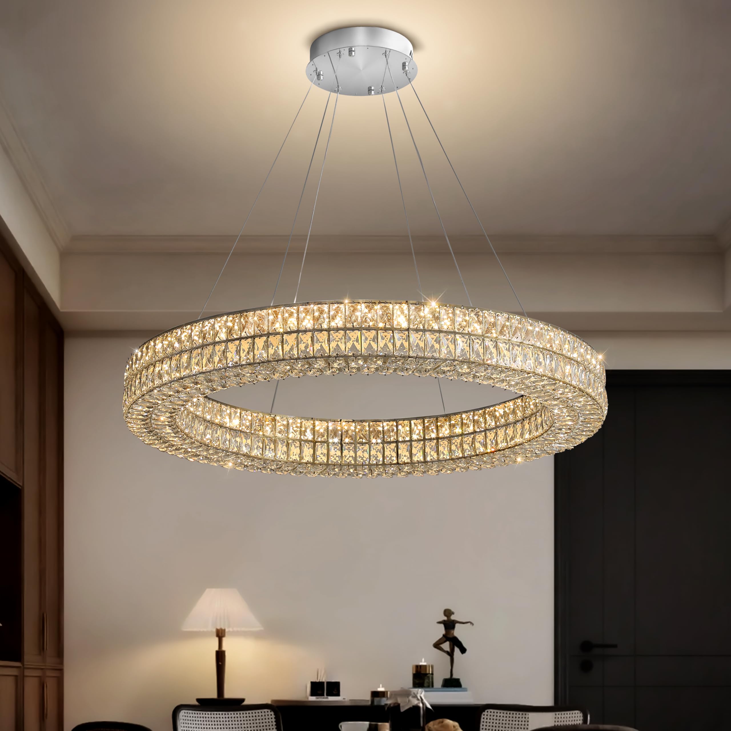 Photo 1 of IDEQUY Modern Luxury Crystal Chandelier for Dining Room 32" LED Ring Pendant Light Adjustable Dimmable 2700k-6000k