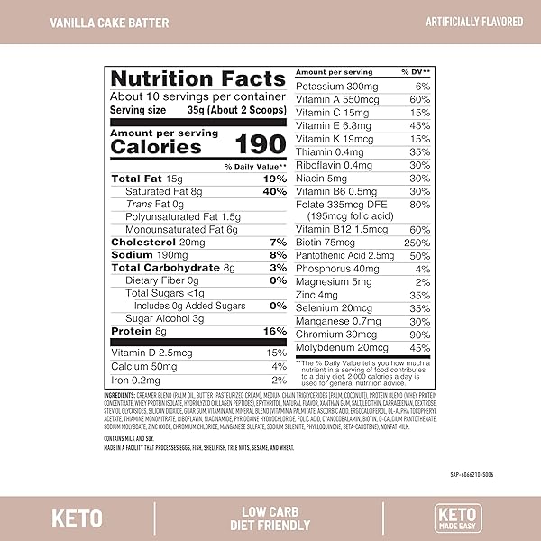 SLIMFAST KETO MEAL REPLACEMENT POWDER, KETO MEAL REPLACEMENT SHAKE, LOW CARB, WHEY PROTEIN, COLLAGEN PROTEIN, GRASS FED BUTTER, WEIGHT LOSS SHAKES POWDER, GLUTEN FREE, VANILLA CAKE BATTER, 10 SERVINGS