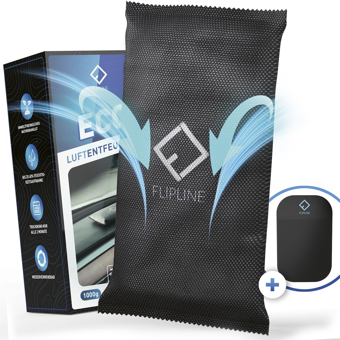 FLIPLINE Eco Car Dehumidifier 1 kg [Made in Germany] + Non-Slip Pad Reusable Car Dehumidifier (40% Absorption) Against Fogged Car Windows - Moisture Cushion Made of Natural Granules