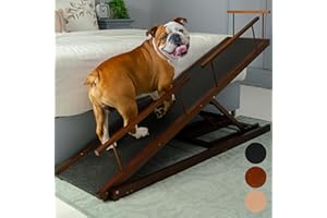 Dog ramp for Bed - PRIORPET Birchwood Adjustable Ramp for Dogs to Get on Bed: Dog ramps for High Beds up to 37 Inches – Foldable Ramp, Anti-Slip Grip & Safety Rails, Small Dogs Up to 120lbs – Walnut