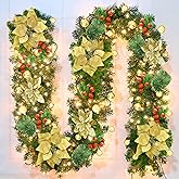 Christmas Garland, 9FT/2.7M Xmas Garland with Lights for Front Door, Christmas Tree Decorations, Mantle, Home, Stairs, Fireplace, Porch, Holiday Indoor Outdoor Decor (Gold)