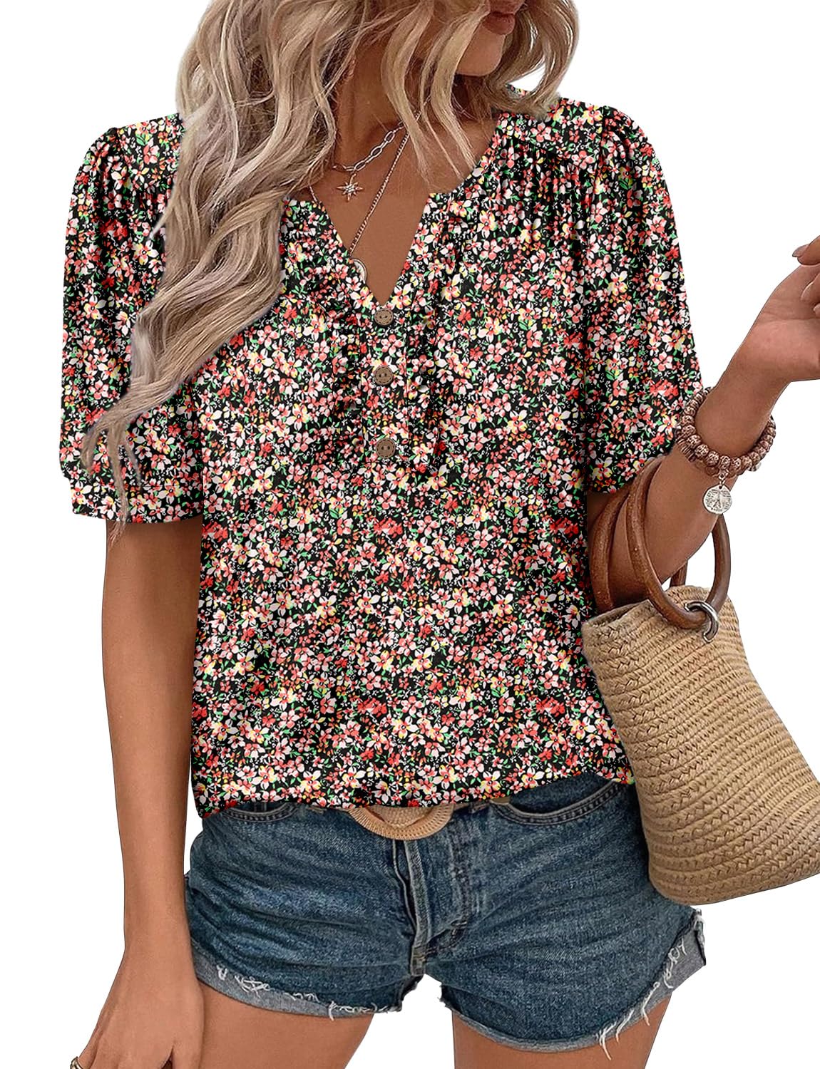 KISSMODA Women's Tunic Tops Casual V Neck Short