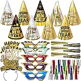 Fancy Land New Years Eve Party Supplies for 25 Guests 2026 75 Pcs NYE Party Supplies Gold Silver NYE Hats Glitter Tiaras Decorations Noise Makers Paper Masks Favors Kits