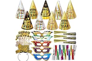 Fancy Land New Years Eve Party Supplies for 25 Guests 2026 75 Pcs NYE Party Supplies Gold Silver NYE Hats Glitter Tiaras Decorations Noise Makers Paper Masks Favors Kits