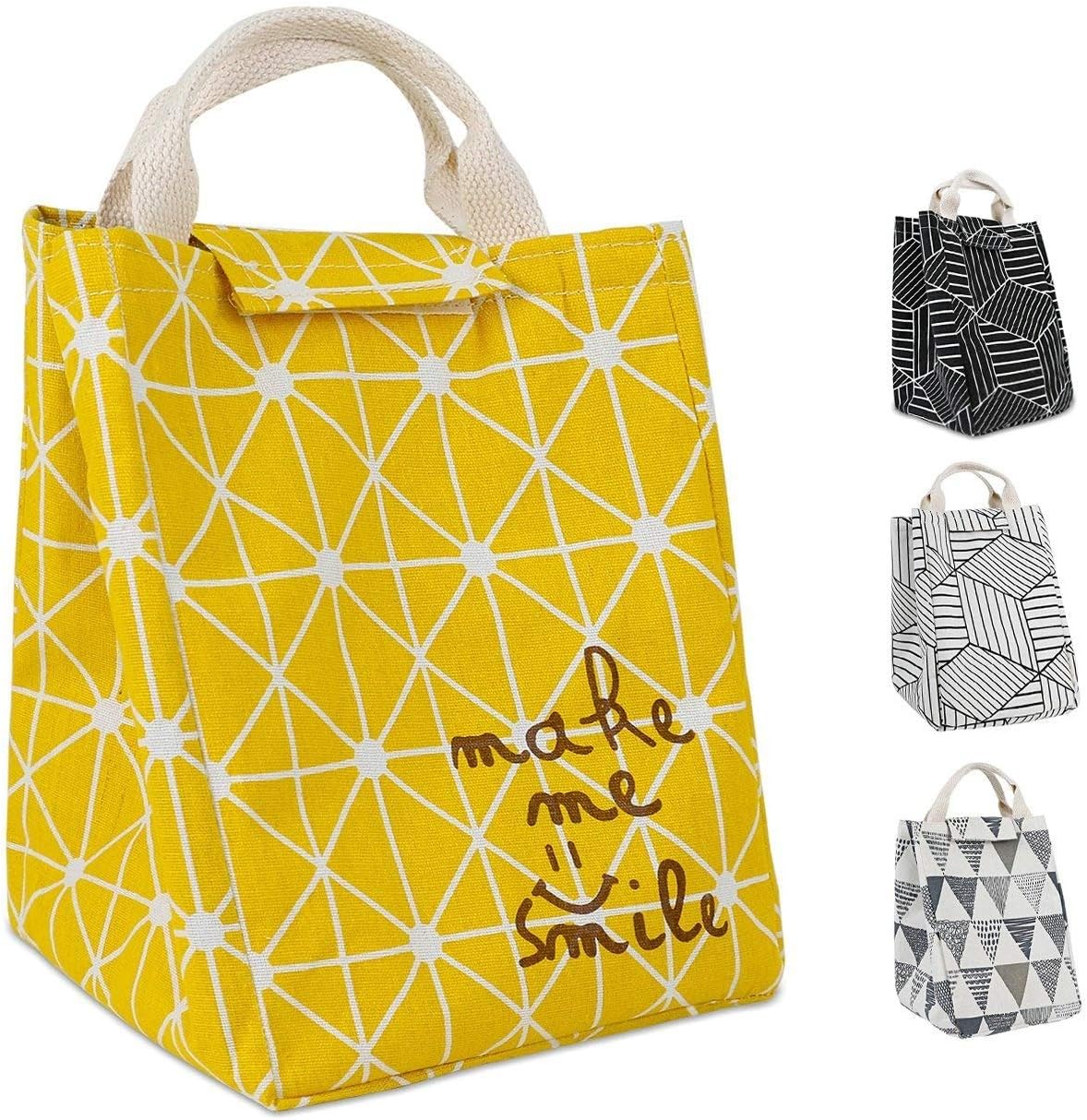 HOMESPON Reusable Lunch Bag Insulated Lunch Box Cute Canvas Fabric with Aluminum Foil, Printed Lunch Tote Handbag Fordable for Women,Men,School, Office (Rhombus Pattern-Yellow)